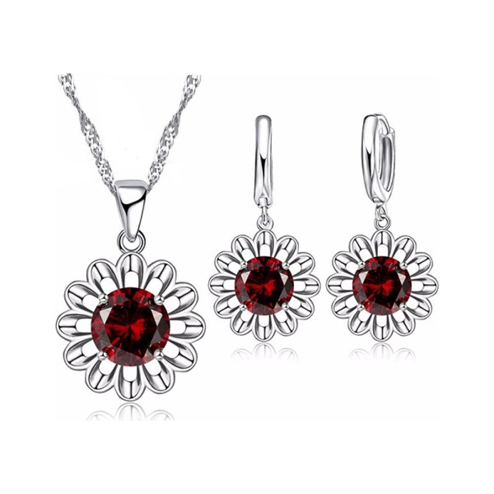 Myfavori Seti Kırmızı Kristal Taşlı Ayçiçeği Gümüş Kaplama Maxi Choker Kolye Küpe Seti Bijuteri Kolye Fiyatı