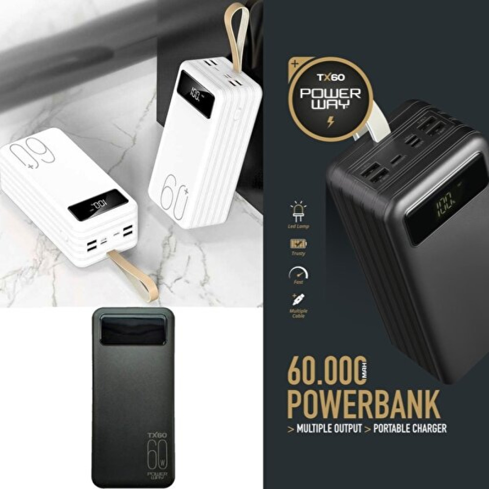 Myglobal 60,000 mAh Dijital Göstergeli Powerbank Powerway TX60 - Siyah Taşınabilir Şarj Cihazı - Powerbank Fiyatı