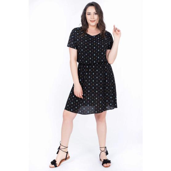 Myline 34411 Siyah Belden Lastikli Desenli Elbise