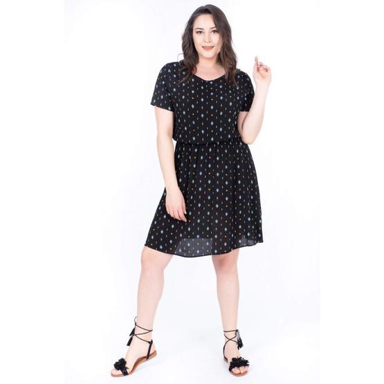 Myline 34411 Siyah Belden Lastikli Desenli Elbise