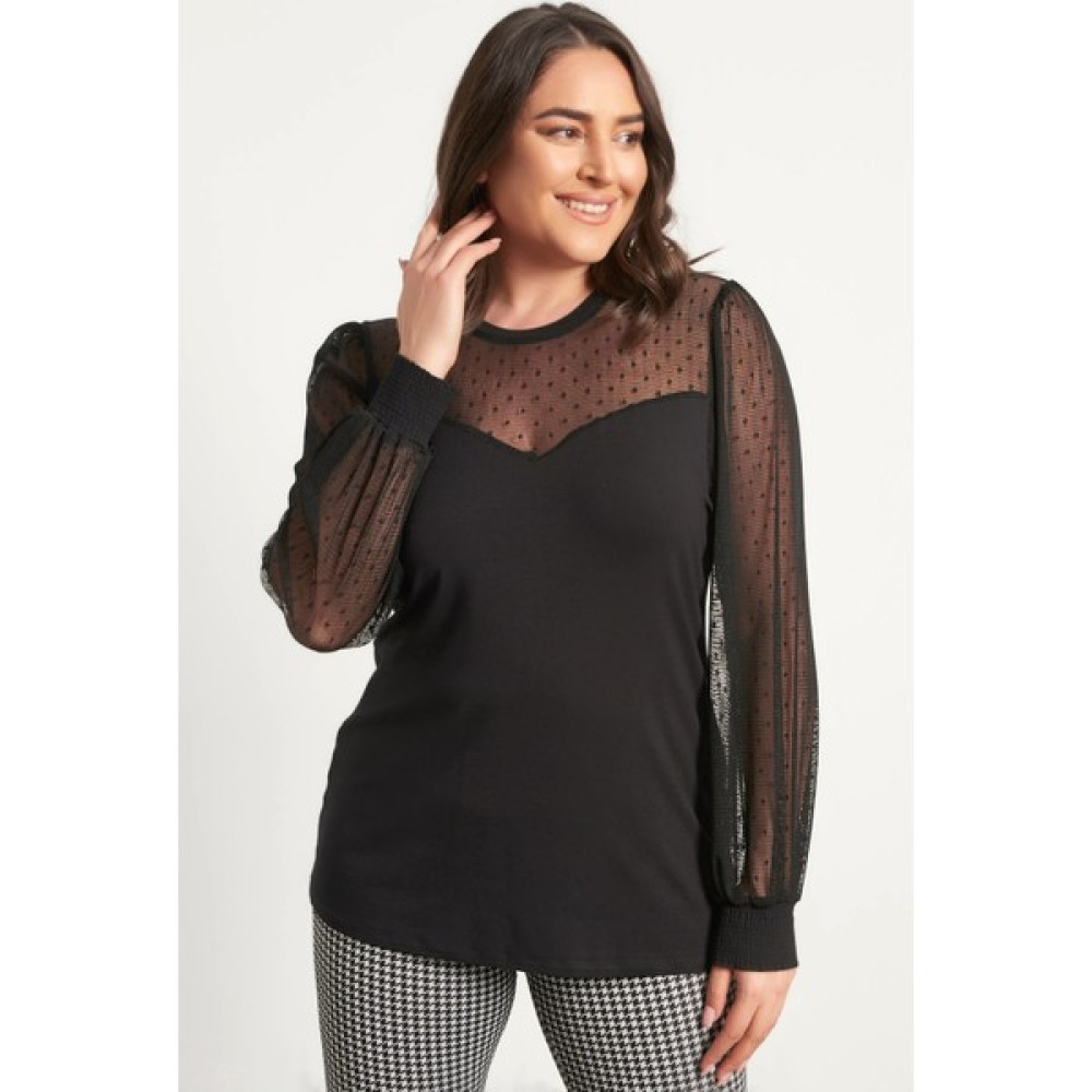 Myline Kolları ve Yakası Tül Detaylı Penye Bluz Bluz Fiyatı
