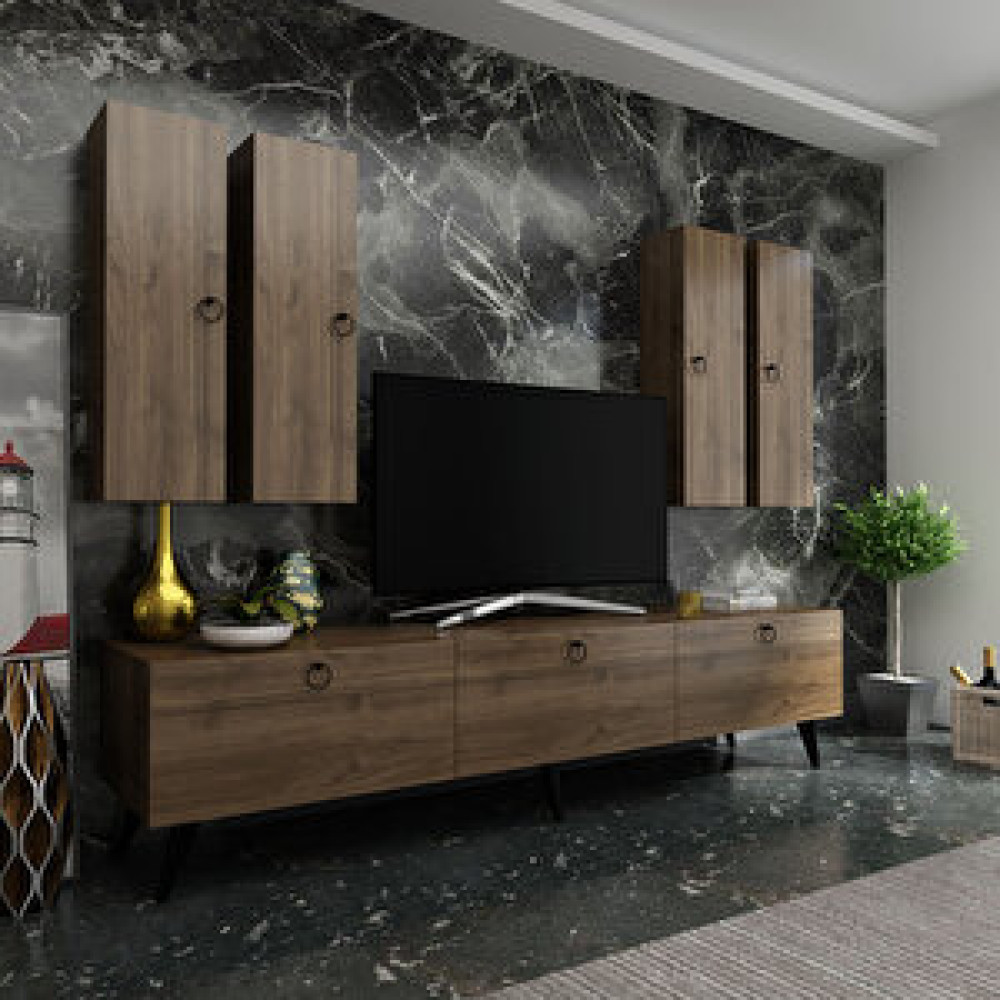 Myniture Home İdeal Tv Ünitesi + Duvar Raf Ve Duvar Dolaplı Q7020-2 Ceviz Tv Ünitesi / Sehpası Fiyatı