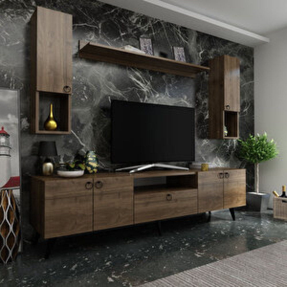 Myniture Home İdeal Tv Ünitesi + Duvar Raf Ve Duvar Dolaplı Q7023-2 Ceviz Tv Ünitesi / Sehpası Fiyatı