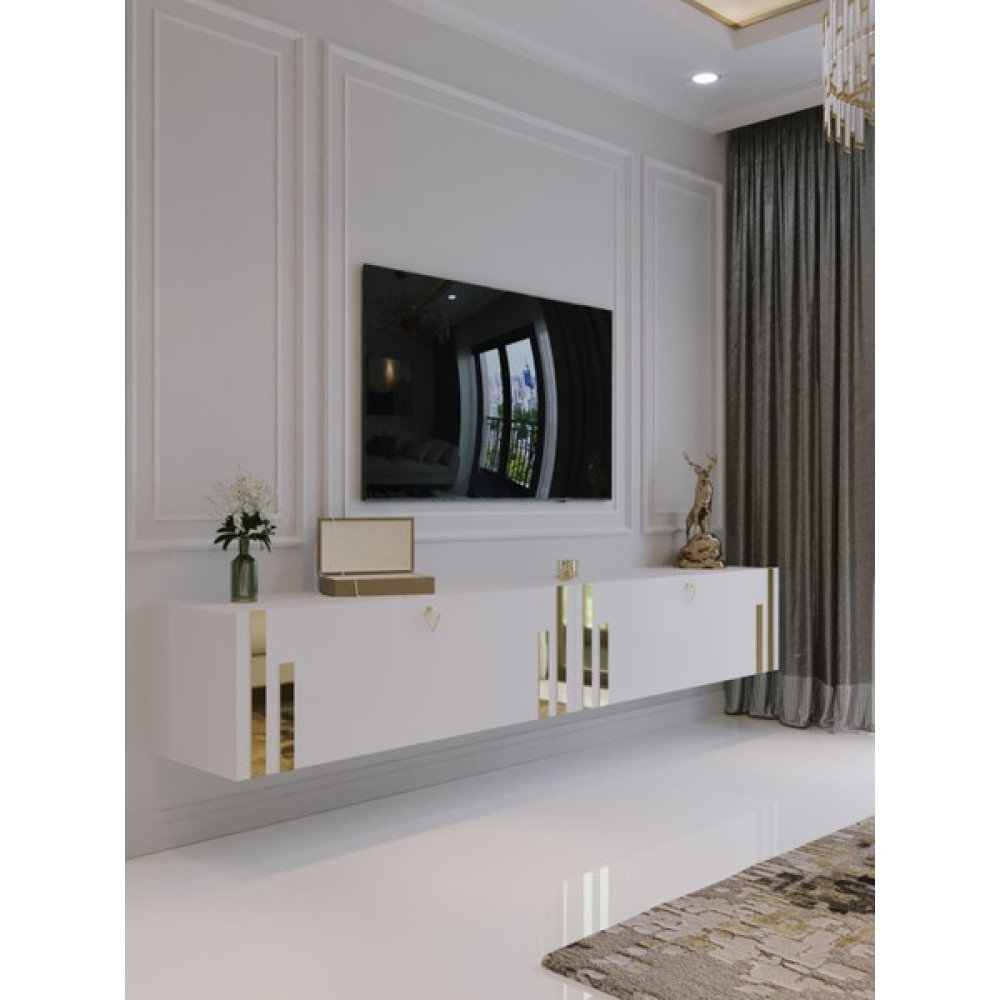 Myniture Home & Living Duvara Monte Tv Sehpası Beyaz Gold Q6300-1 Tv Ünitesi / Sehpası Fiyatı