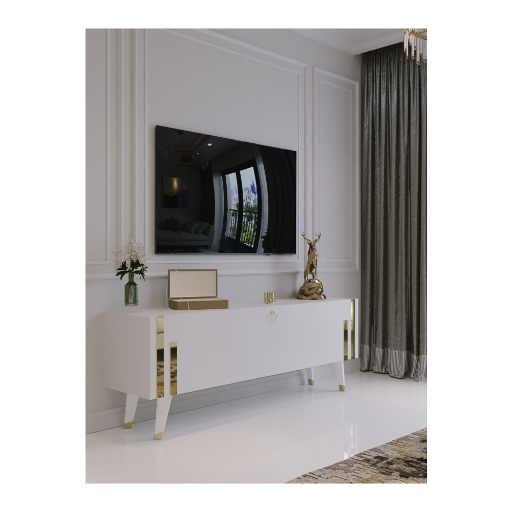 Myniture Home & Living Festival Tv Ünitesi Beyaz Gold 120 Cm Tv Sehpası Minifiks Bağlantı Dışarıdan Vida Gözükmez Tv Ünitesi / Sehpası Fiyatı