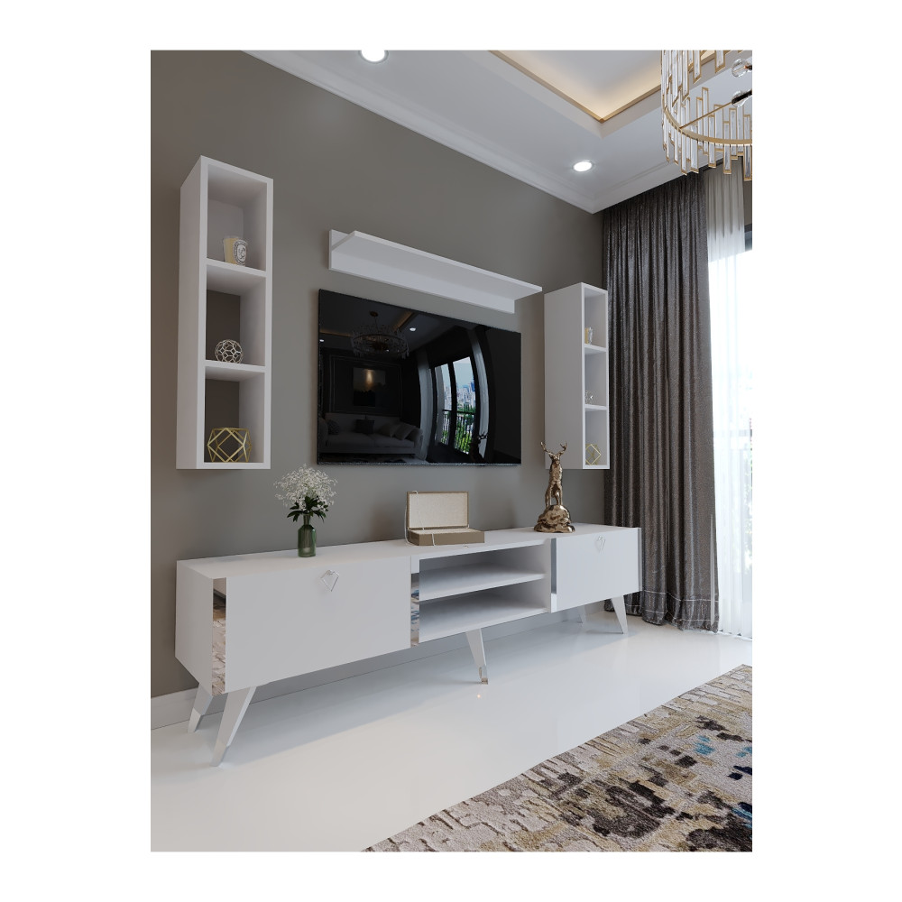 Myniture Home & Living Festival Tv Ünitesi Beyaz Parlak Silver detaylı Minifiks Bağlantı Tv Sehpası ve Duvar Rafı Tv Ünitesi / Sehpası Fiyatı