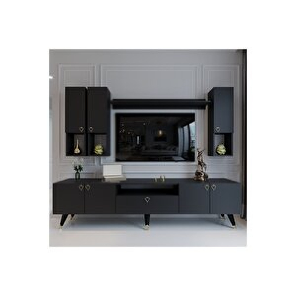 Myniture Home Modern Tv Sehpasi Gold Üçgen Kulp Kepli̇ Q8024-4 Antrasi̇t Tv Ünitesi / Sehpası Fiyatı