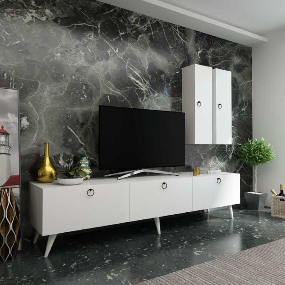Myniture Ideal Tv Ünitesi + Duvar Raf ve Duvar Dolaplı Q7019-1 Beyaz Tv Ünitesi / Sehpası Fiyatı