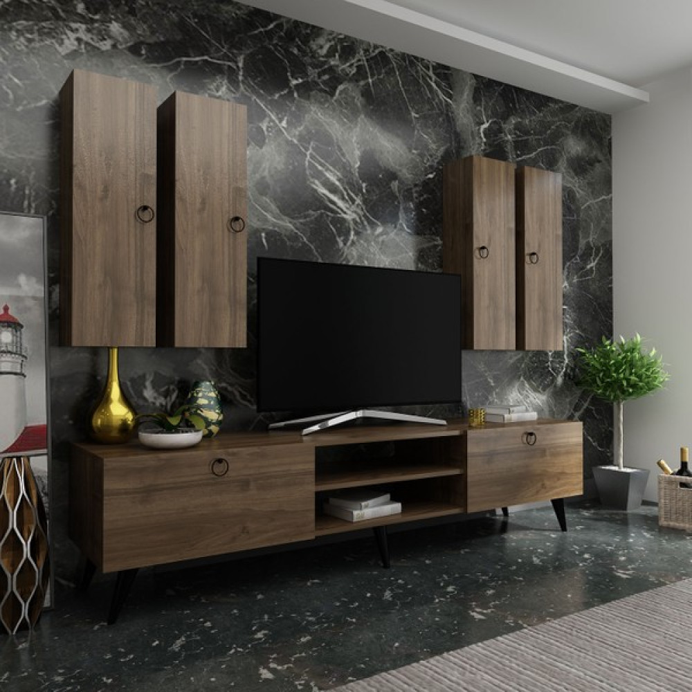 Myniture Ideal Tv Ünitesi + Duvar Raf ve Duvar Dolaplı Q7021-2 Ceviz Tv Ünitesi / Sehpası Fiyatı