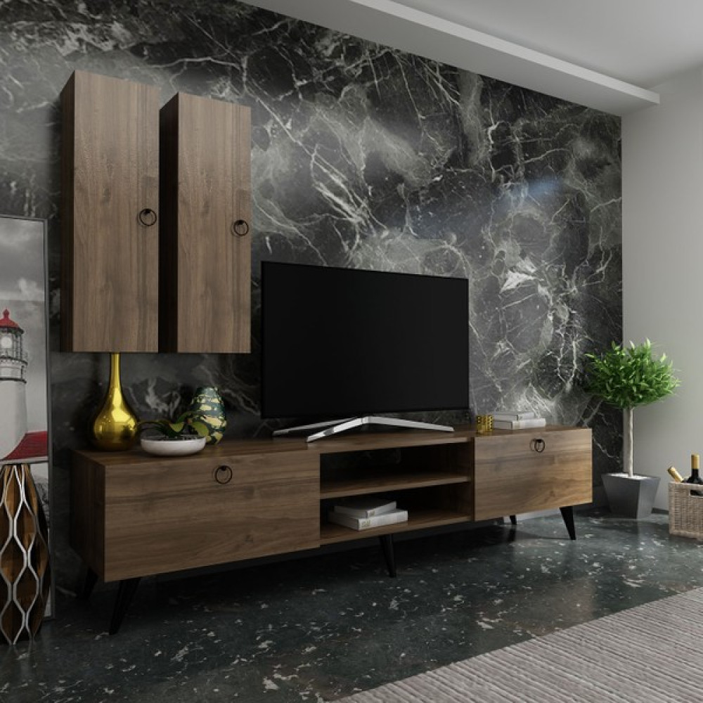 Myniture Ideal Tv Ünitesi + Duvar Raf ve Duvar Dolaplı Q7022-2 Ceviz Tv Ünitesi / Sehpası Fiyatı