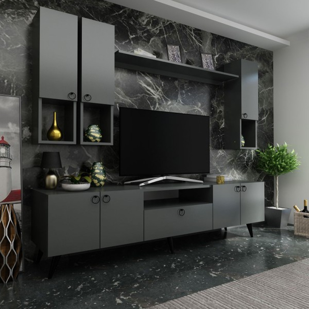 Myniture Ideal Tv Ünitesi + Duvar Raf ve Duvar Dolaplı Q7024-4 Antrasit Tv Ünitesi / Sehpası Fiyatı