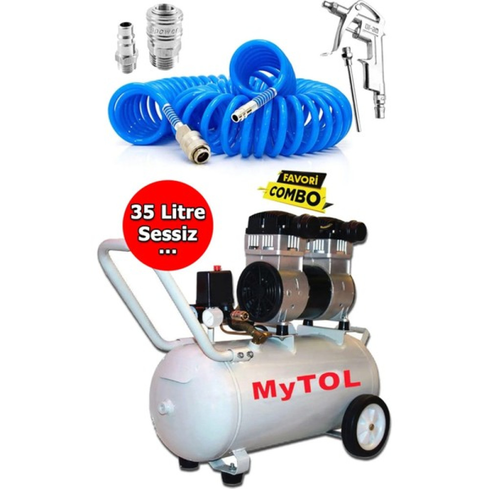 Mytol 35 Lt Ultra Sessiz Yağsız Hava Kompresörü ve 15 mt Hava Hortumu Seti 8 Bar Full Set Hava Kompresörü Fiyatı