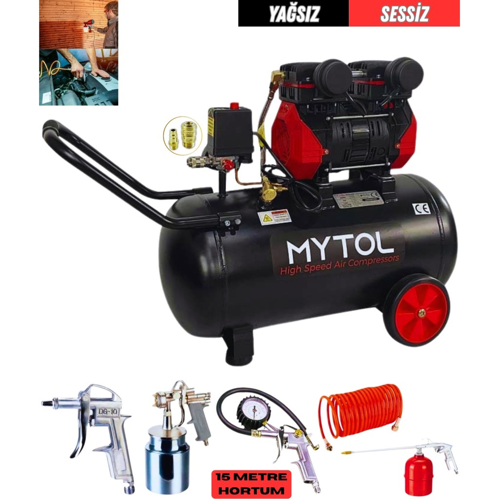 MYTOL 50 Litre Yağsız Sessiz Kompresör 1.5 HP 5 Parça Havalı Alet Seti Profesyonel Hava Kompresörü Hava Kompresörü Fiyatı