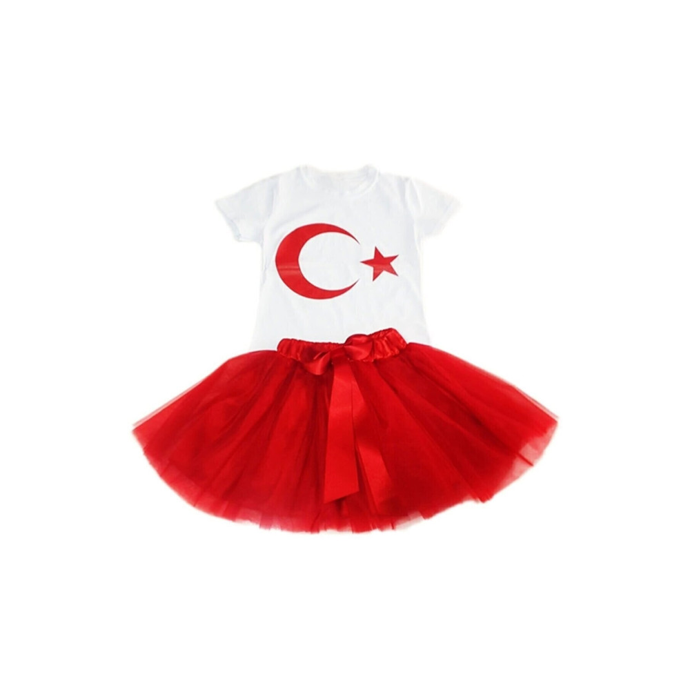 Nacar Moda Kız Çocuk 23nisan 29ekim Gösteri Doğumgünü Kıyafeti Ayyıldız Kısa Kol Beyaz T-shırt Tütü Etek Takım 12-13 Yaş Beden Kadın Giyim Fiyatı