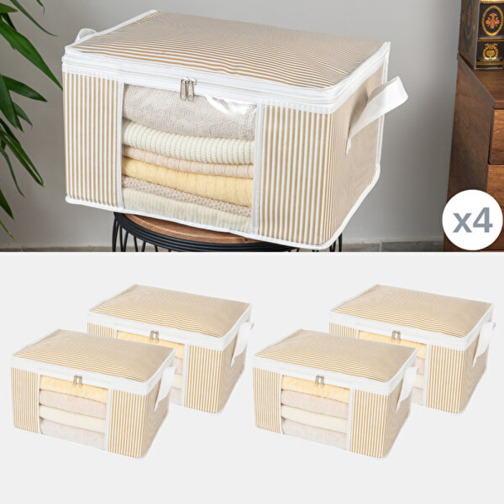 Nacarev 4 Adet Küçük Boy Pencereli Çizgi Desen Baskılı Baza Altı Dolap içi Düzenleyici Organizer Seti 40x30x20 cm - Beyaz - Bej Hurç Fiyatı