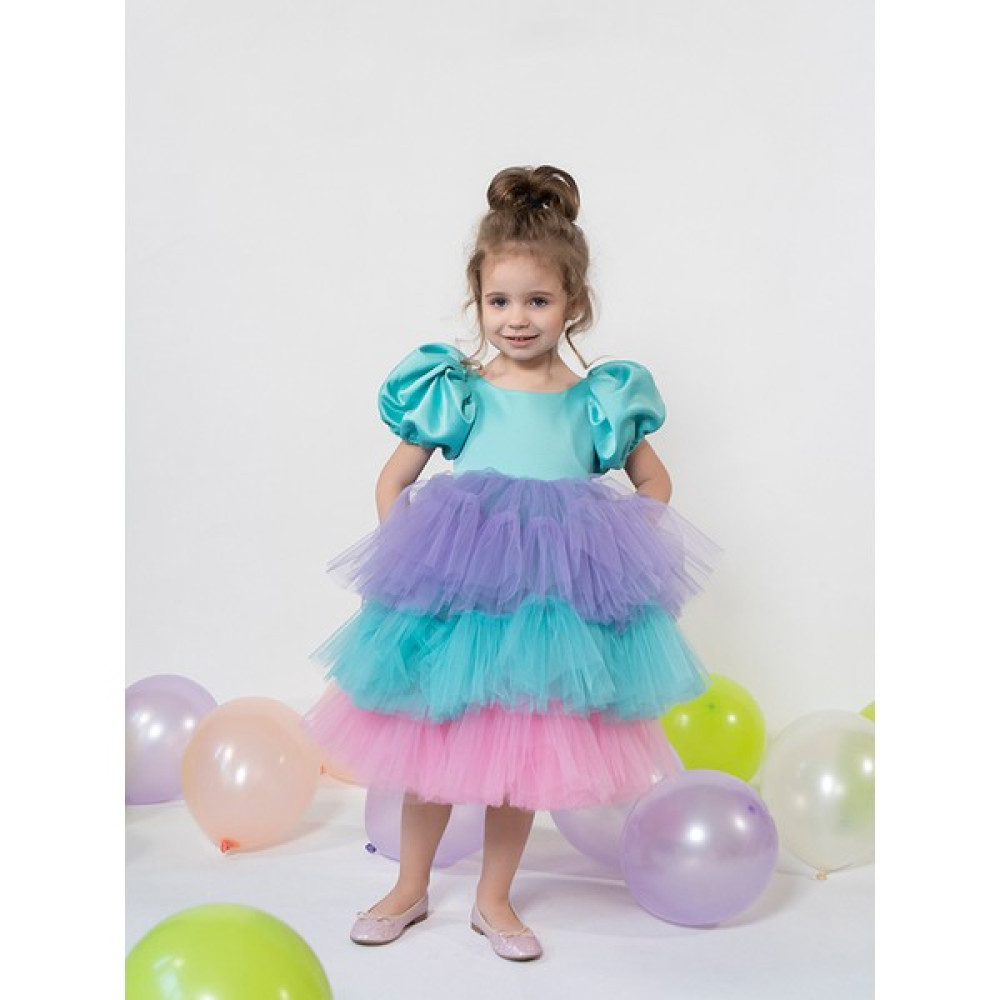 Nagihan Bilgin Nagihanbilginkids Kız Çocuk Özel Tasarım Balon Kol Kat Kat Renkli Tül Etekli Prenses Doğum Günü Elbisesi 1070 Turkuaz Elbise Fiyatı
