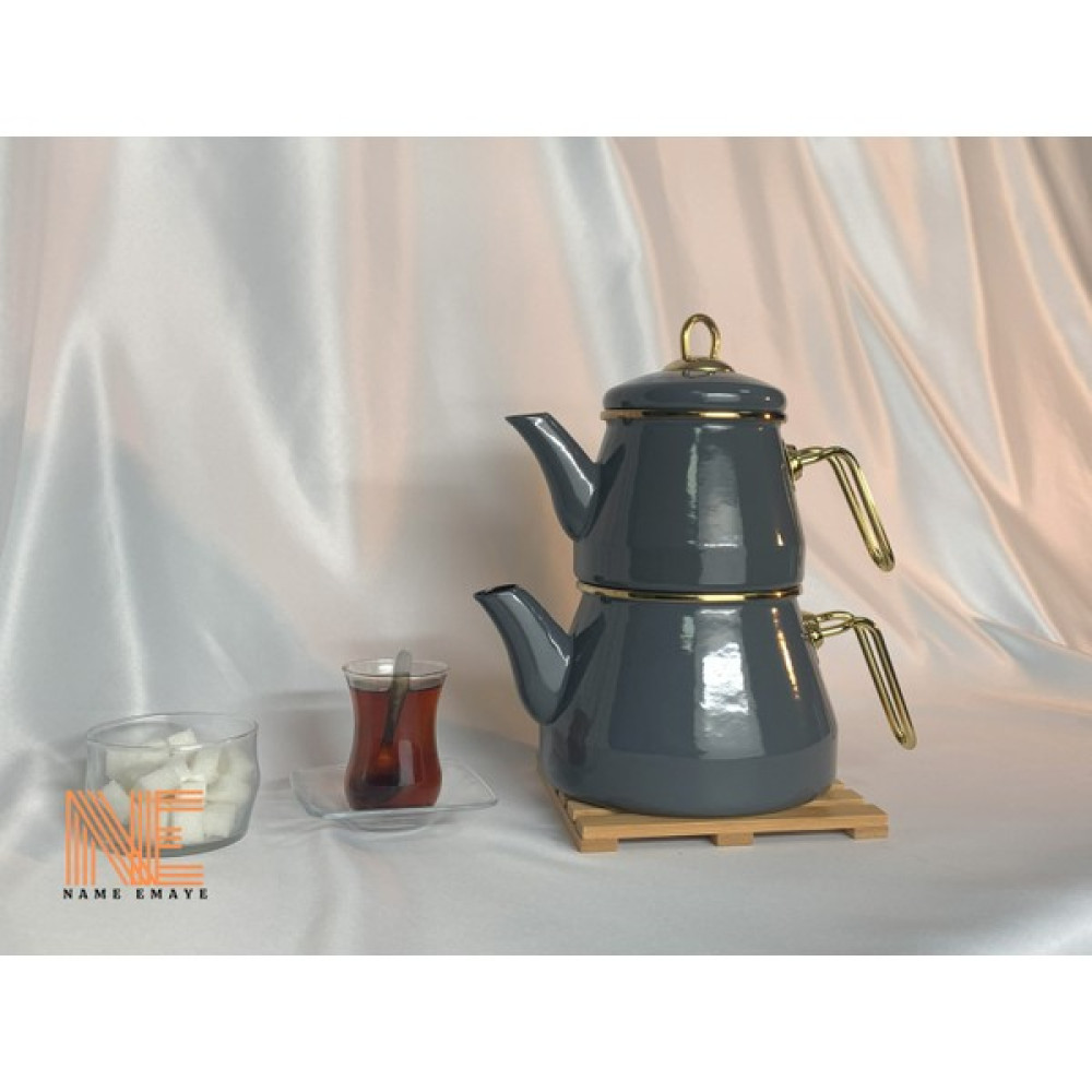 Name Emaye koyu gri gold saplı 2,10 lt çaydanlık demlik seti Çay / Çaydanlık Setleri Fiyatı
