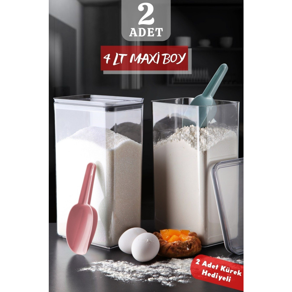Nandy Home 2li Maxi Boy Kürek Hediyeli Dikdörtgen Silikon Conta Kapaklı Un - Şeker Kabı 4 Lt Saklama Kapları Fiyatı