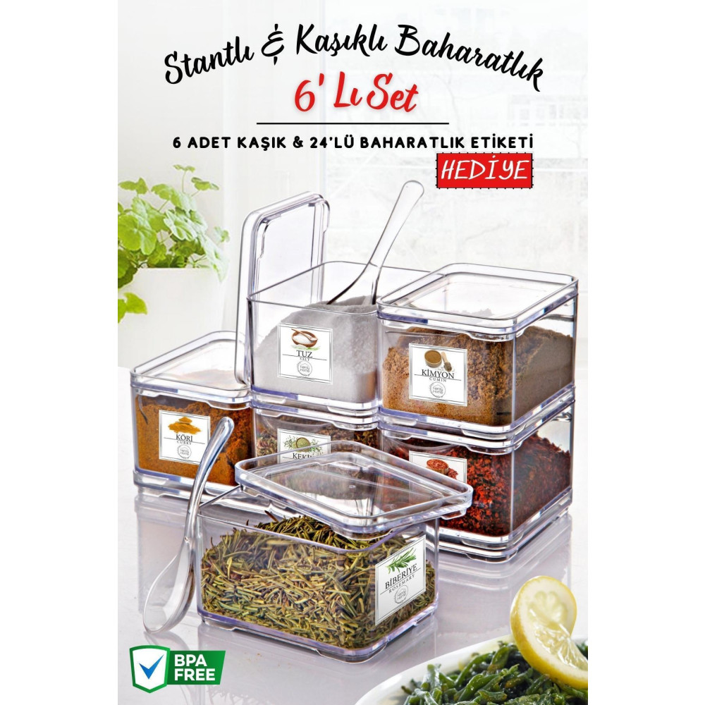 Nandy Home 6Lı Stantlı Kaşık ve Görselli Etiket Hediyeli Clear Baharatlık Seti Baharat Setleri & Baharatlıklar Fiyatı