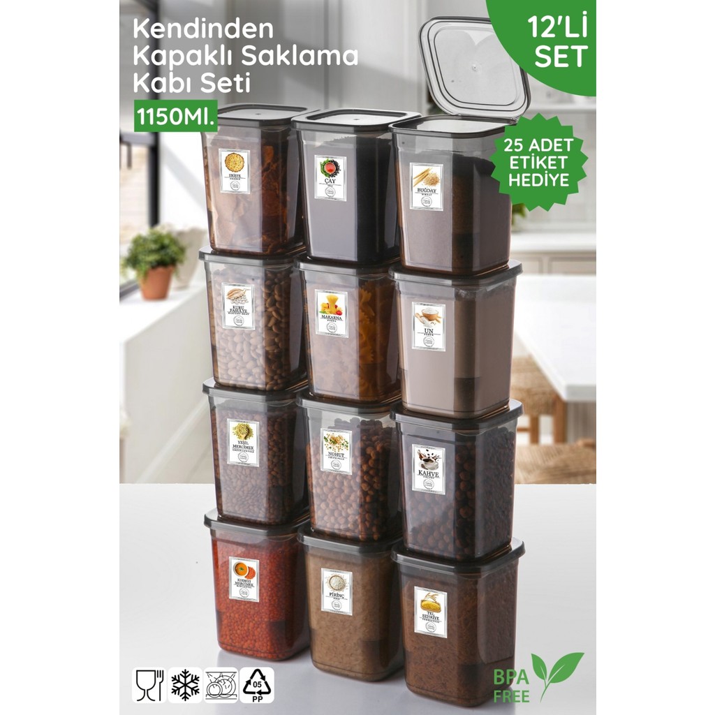 Nandy Home Etiket Hediyeli 12'li Set Kendinden Kapaklı 1150ML. Kare Saklama Kabı - Mikrodalga ve Difrize Uygun - Antrasit Saklama Kapları Fiyatı