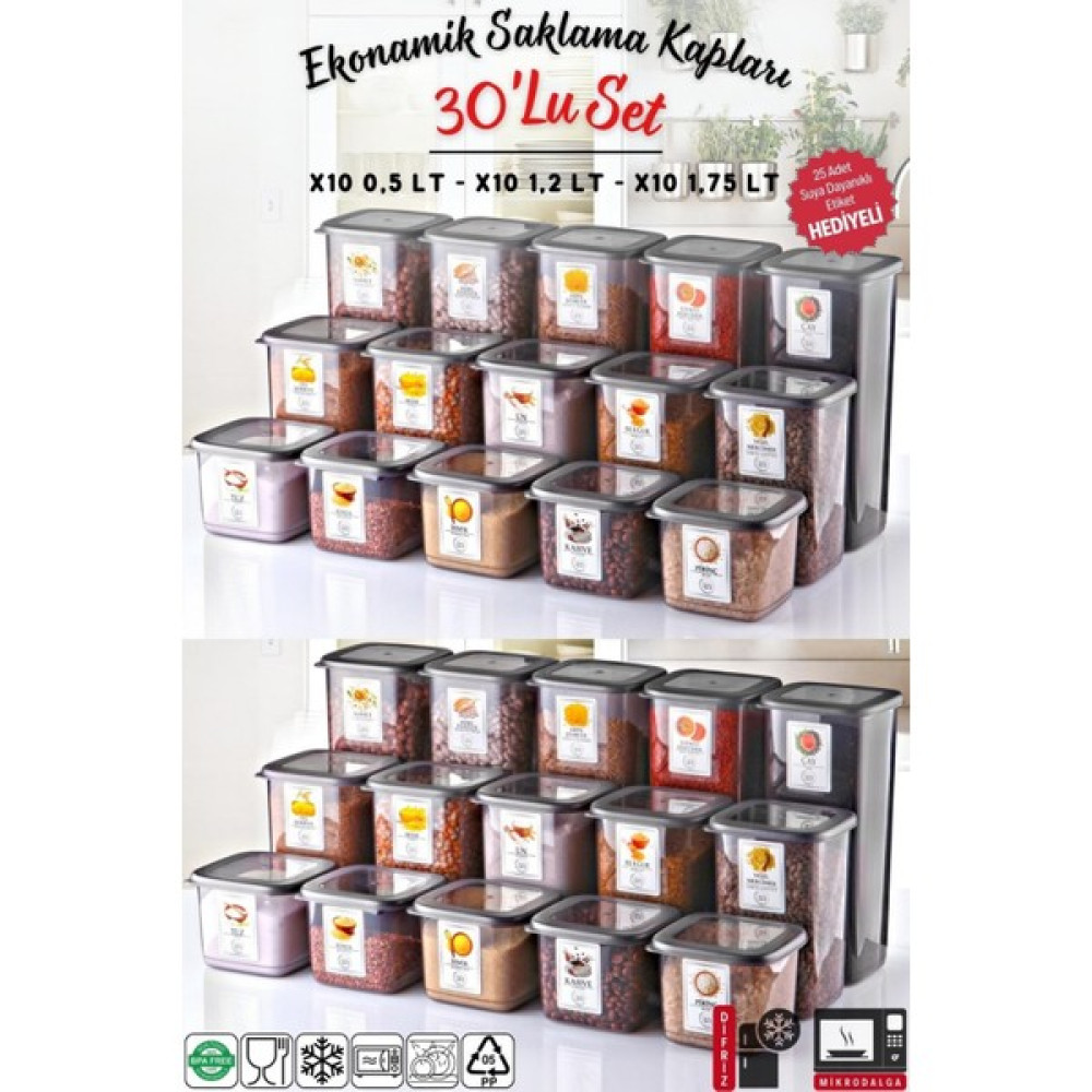 Nandy Home Etiketli 30'lu Antrasit Ekonomik Kırılmaz Saklama Kabı Seti X10 - 1,75/1,2/0,5 Lt Saklama Kapları Fiyatı