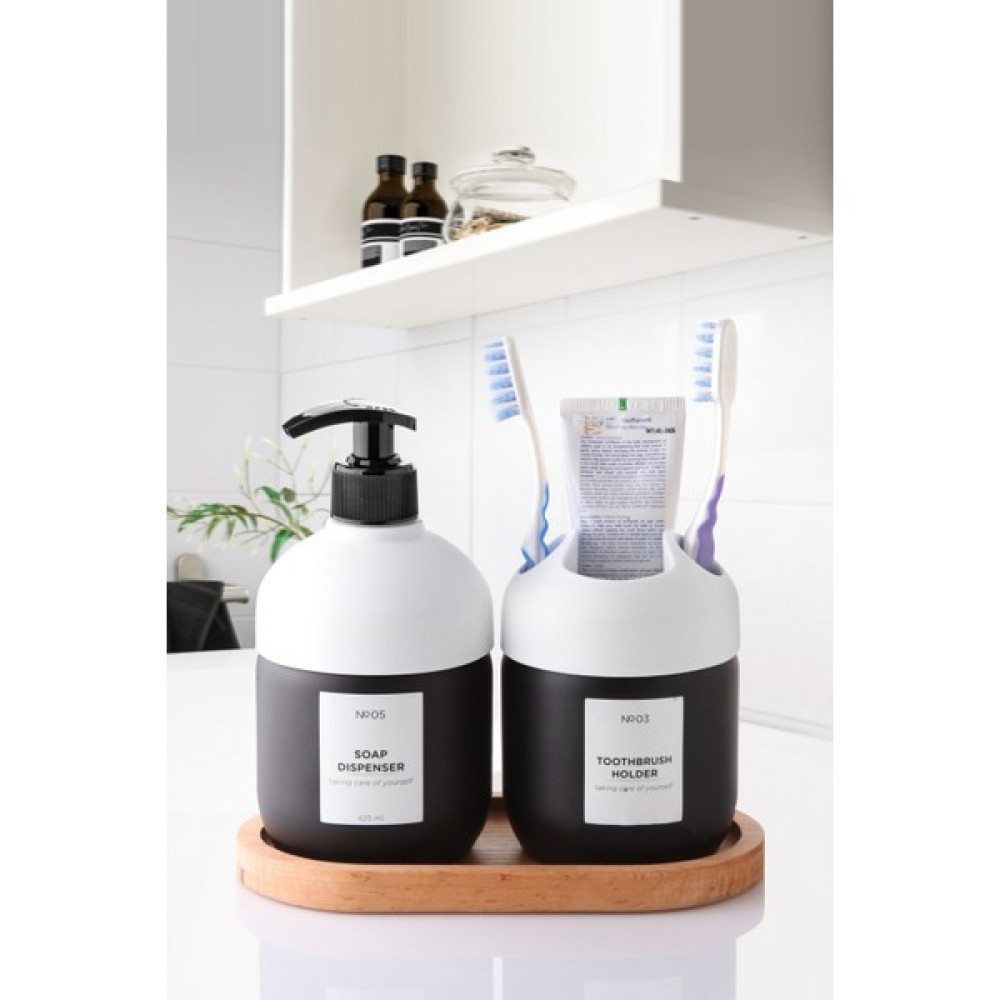 Nandy Home Lüks Ahşap Altlıklı Cam 2'li Set Cool Sabun ve Diş Fırçalık - Banyo Seti Beyaz - Siyah Sabunluk Fiyatı