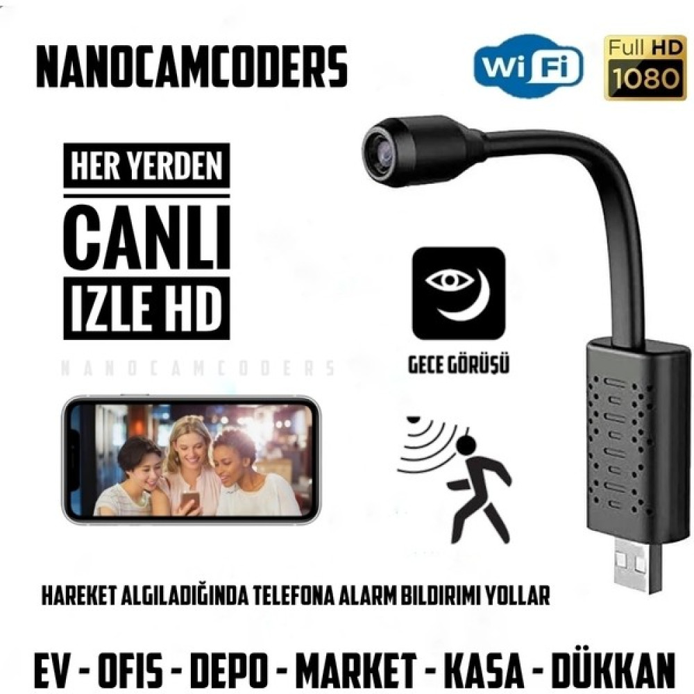 Nanocamcoders Full Hd 1080P USB Wifi Uzak Izle 4K Cam Gizli Mini Mikro Kamera Casus Alarm Güvenlik - Siyah Dijital Video Kameralar Fiyatı