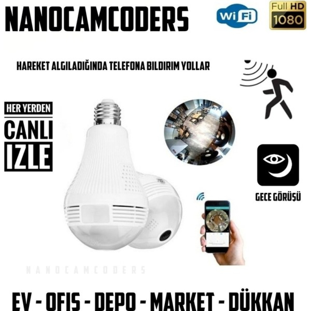 Nanocamcoders Hd 1080 P 360 Panoramik Gizli Wifi Kamera Ampul Ev Güvenlik Lambası Kamera - Beyaz Dijital Video Kameralar Fiyatı