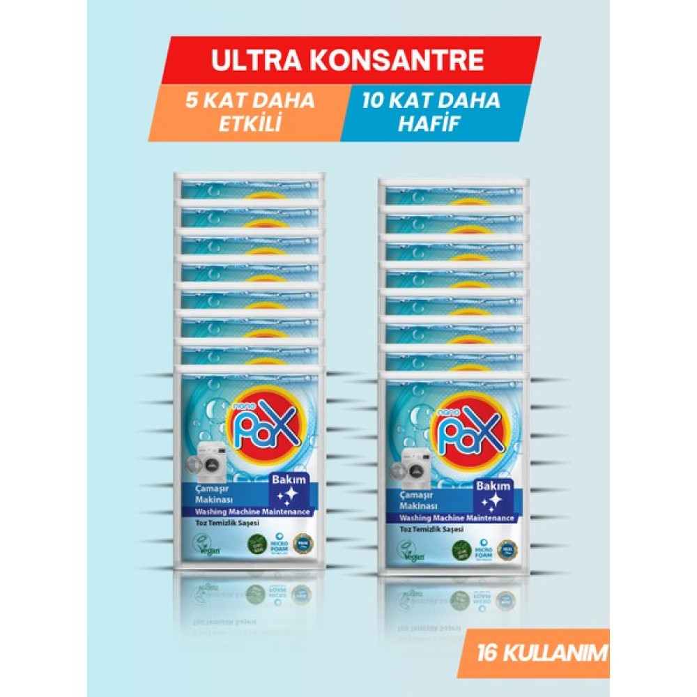 Nanopax 16 Adet Ultra Konsantre Çamaşır Makinesi Kazan Temizleme Bakım Tozu - 64 gr Çamaşır Makinesi Ürünleri Fiyatı