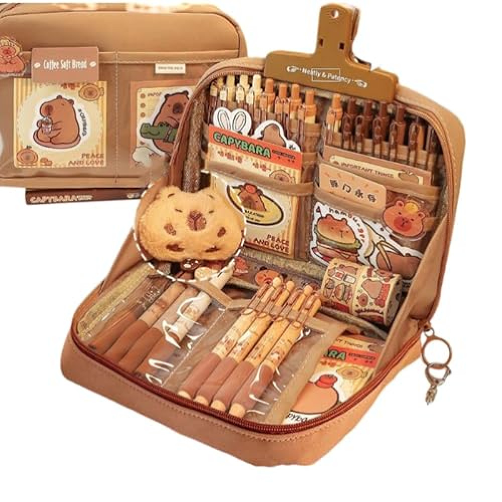 NAPIMICO Cute Capybara Pencil Case with 12 Compartments 90° Wide Opening Mouth Pencil Pouch with Kawaii Pins Plush Cute Stationery (Brown)