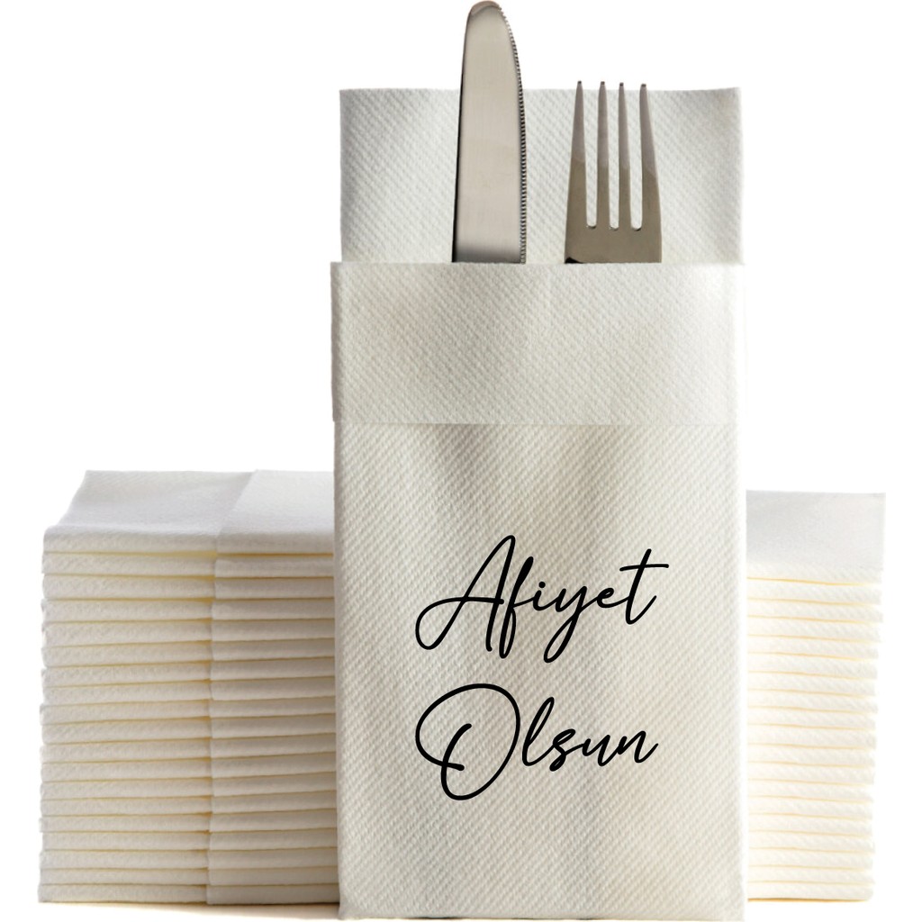 NapkinStore 12 Adet - Kumaş Dokulu Airlaid Premium Peçete ( Beyaz ) Afiyet Olsun Baskılı Diğer Fiyatı