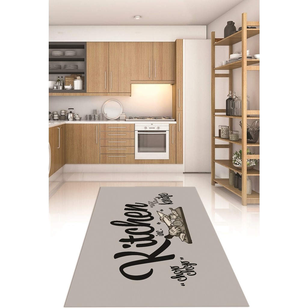 Napoli Home Dijital Baskılı Kaymaz Taban Yıkanabilir Kitchen Yazılı Mutfak Halısı, N-Mutfak-41-Gri-Siyah, - 180 x 300 cm - Gri - Siyah Salon Halısı Fiyatı