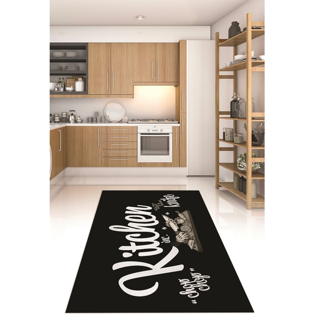 Napoli Home Dijital Baskılı Kaymaz Taban Yıkanabilir Kitchen Yazılı Mutfak Halısı, N-Mutfak-41-Siyah, - 180 x 280 cm - Siyah Salon Halısı Fiyatı