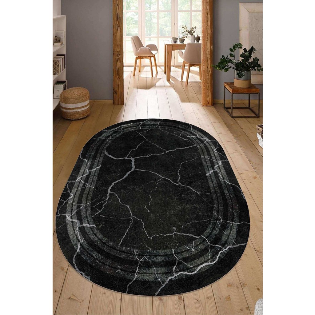 Napoli Home Dijital Baskılı Kaymaz Taban Yıkanabilir Oval Salon Halısı Mutfak Halısı Yolluk NDO-HY-1336 - 180 x 280 cm - Siyah Salon Halısı Fiyatı