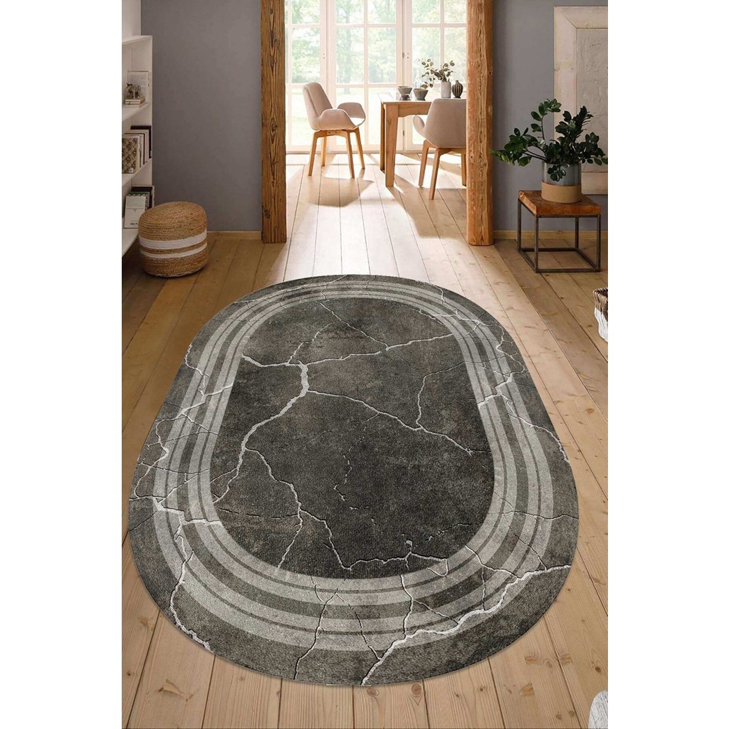 Napoli Home Dijital Baskılı Kaymaz Taban Yıkanabilir Oval Salon Halısı Mutfak Halısı Yolluk NDO-HY-1337 - 180 x 280 cm - Antrasit Salon Halısı Fiyatı