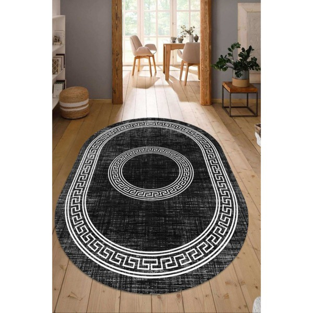 Napoli Home Dijital Baskılı Kaymaz Taban Yıkanabilir Oval Salon Halısı Mutfak Halısı Yolluk NDO-SD-586 - 40 x 60 cm - Siyah Salon Halısı Fiyatı