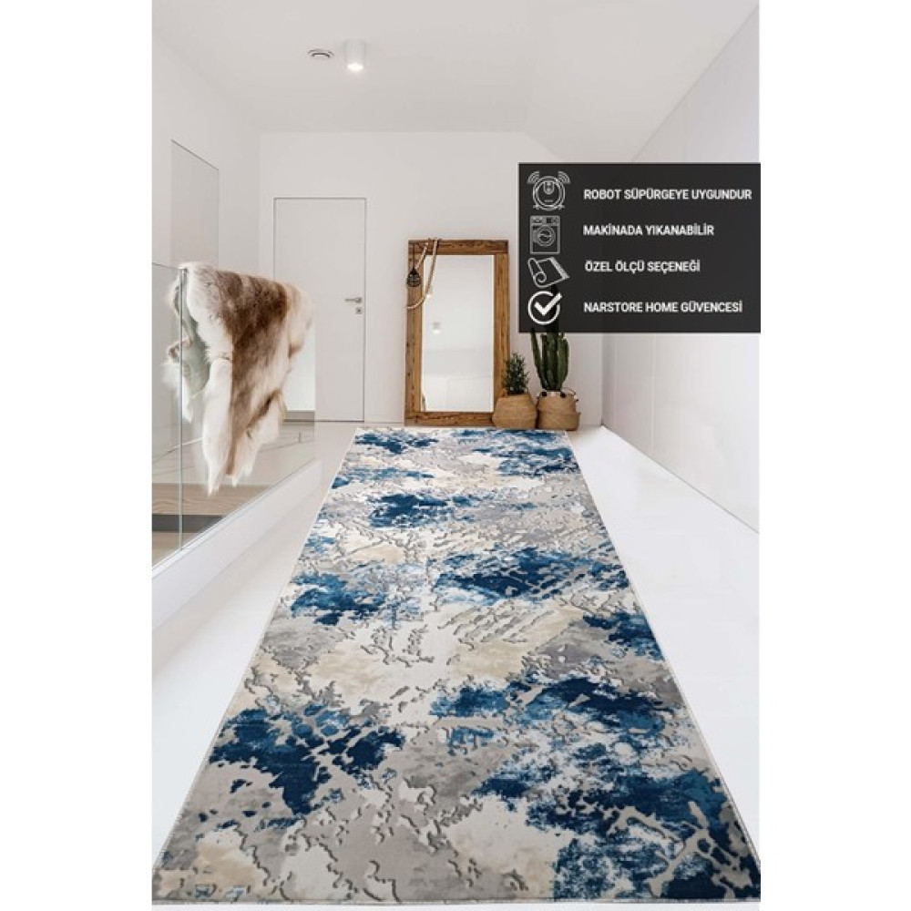 Nar Store Home Mavi Gri Kahve Kaymaz Taban Yıkanabilir Kesme Yolluk Halı - 80 x 100 cm Yolluk Fiyatı