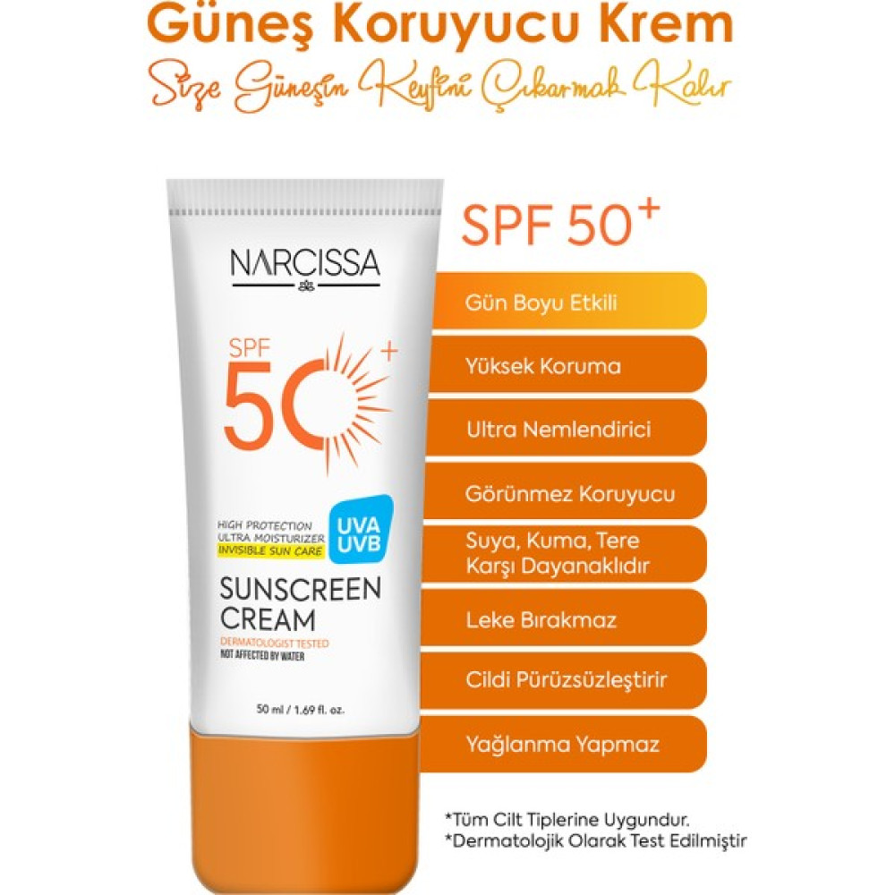 Narcissa Yüksek Koruyucu, Leke Karşıtı Güneş Kremi 50 Spf+ Waterproof Uva + Uvb 50 ml Güneş Kremleri ve Losyonları Fiyatı
