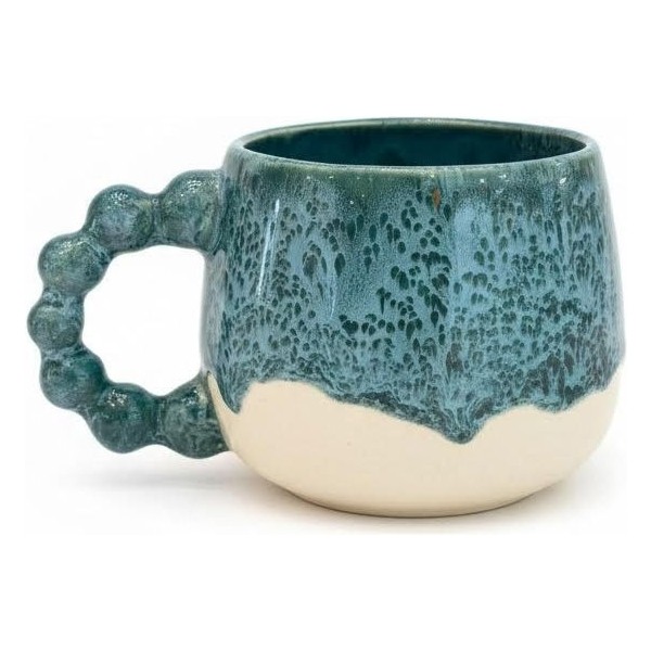 N'Art El Yapımı Stoneware Bubble Mug - 330 ml - Turkuaz Akışkan Sırlı Tasarım Kupa - Beyaz - Turkuaz Fincan / Bardak / Kahve Takımı Fiyatı