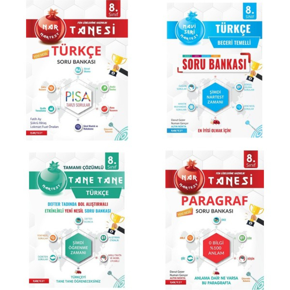 Nartest Yayınevi Yayınevi 8. Sınıf Defter Tadında Tane Tane Türkçe ve Paragraf Soru Bankası Seti (4 Kitap) Tüm Dersler Fiyatı