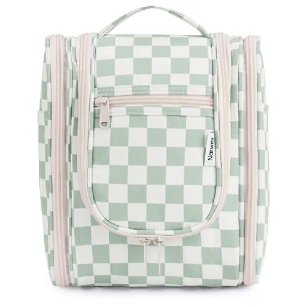 Narwey Small Checked Hanging Travel Toiletry Bag for Women, Travel Bag for Toiletries, Makeup Bag Organizer Cosmetic Bags Make Up Bags for Women (Mint Green Checkerboard)
