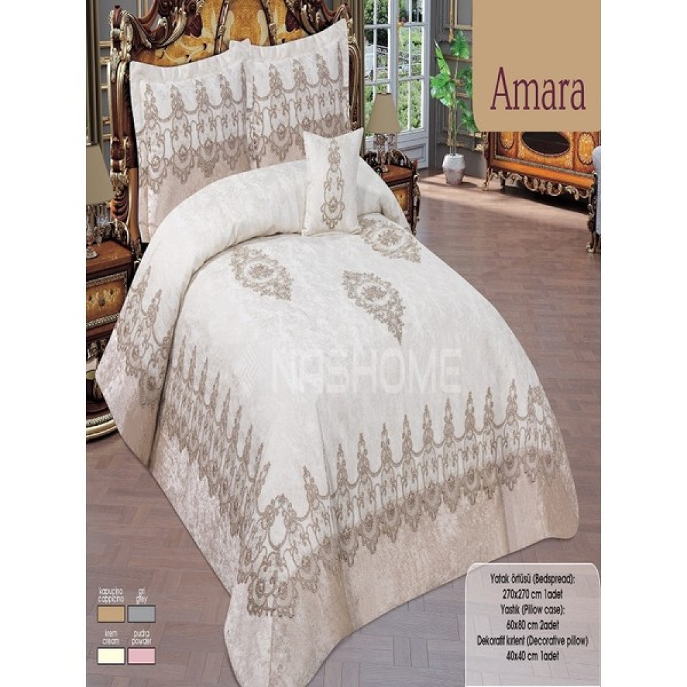 Nashome Tekstil Çift Kişilik 4 Parça Set Şönil Yatak Örtüsü Takımı Çeyizlik Fransız Dantelli Güpürlü Amara - Krem - Cappuccino - 265 x 265 cm Yatak Örtüsü Fiyatı