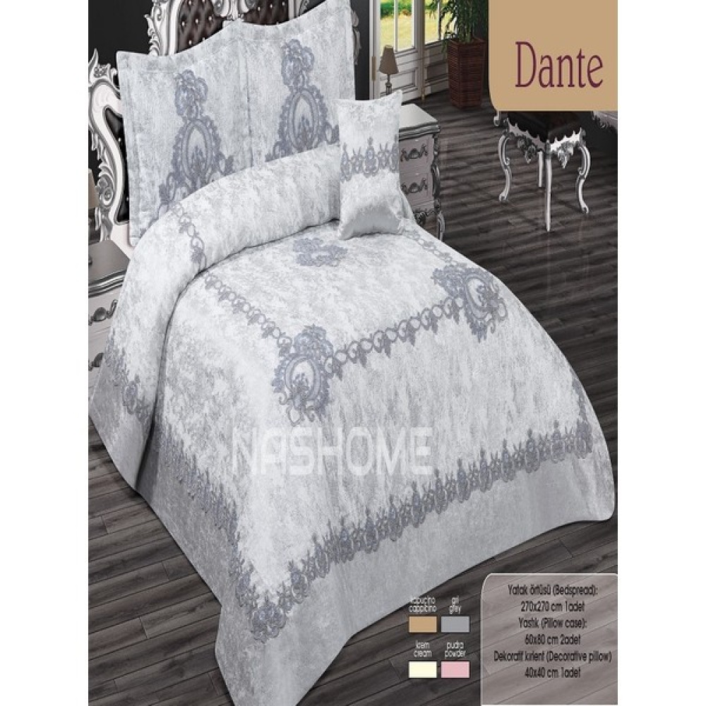 Nashome Tekstil Çift Kişilik 4 Parça Set Şönil Yatak Örtüsü Takımı Çeyizlik Fransız Dantelli Güpürlü Dante - Gri - 265 x 265 cm Yatak Örtüsü Fiyatı