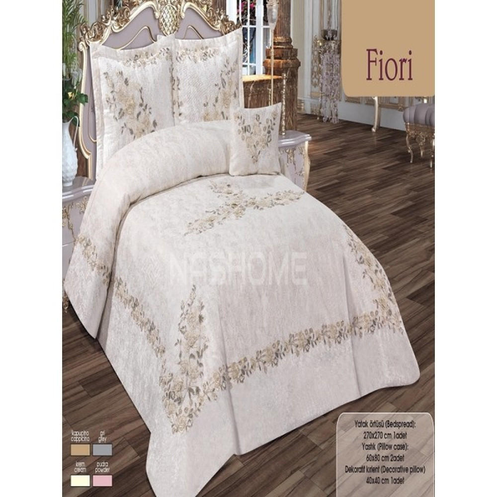 Nashome Tekstil Çift Kişilik 4 Parça Set Şönil Yatak Örtüsü Takımı Çeyizlik Fransız Dantelli Güpürlü Fiori - Krem - 265 x 265 cm Yatak Örtüsü Fiyatı