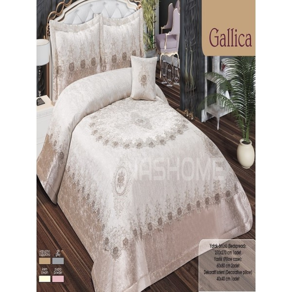 Nashome Tekstil Çift Kişilik 4 Parça Set Şönil Yatak Örtüsü Takımı Çeyizlik Fransız Dantelli Güpürlü Gallıca - Kum Beji - 265 x 265 cm Yatak Örtüsü Fiyatı
