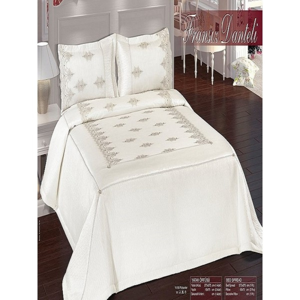 Nashome Tekstil Yatak Örtüsü Takımı Çeyizlik 3 Parça Fransız Danteli - Krem - 265 x 265 cm Yatak Örtüsü Fiyatı