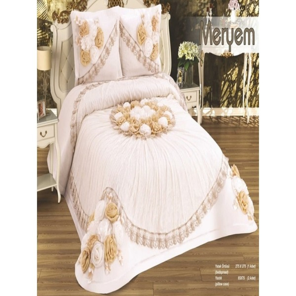 Nashome Tekstil Yatak Örtüsü Takımı Çeyizlik 3 Parça Meryem - Krem - Bej - 265 x 265 cm Yatak Örtüsü Fiyatı