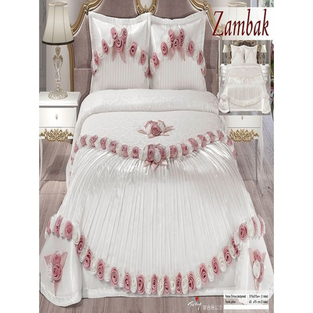 Nashome Tekstil Yatak Örtüsü Takımı Çeyizlik 3 Parça Zambak - Krem - Pudra - 265 x 265 cm Yatak Örtüsü Fiyatı