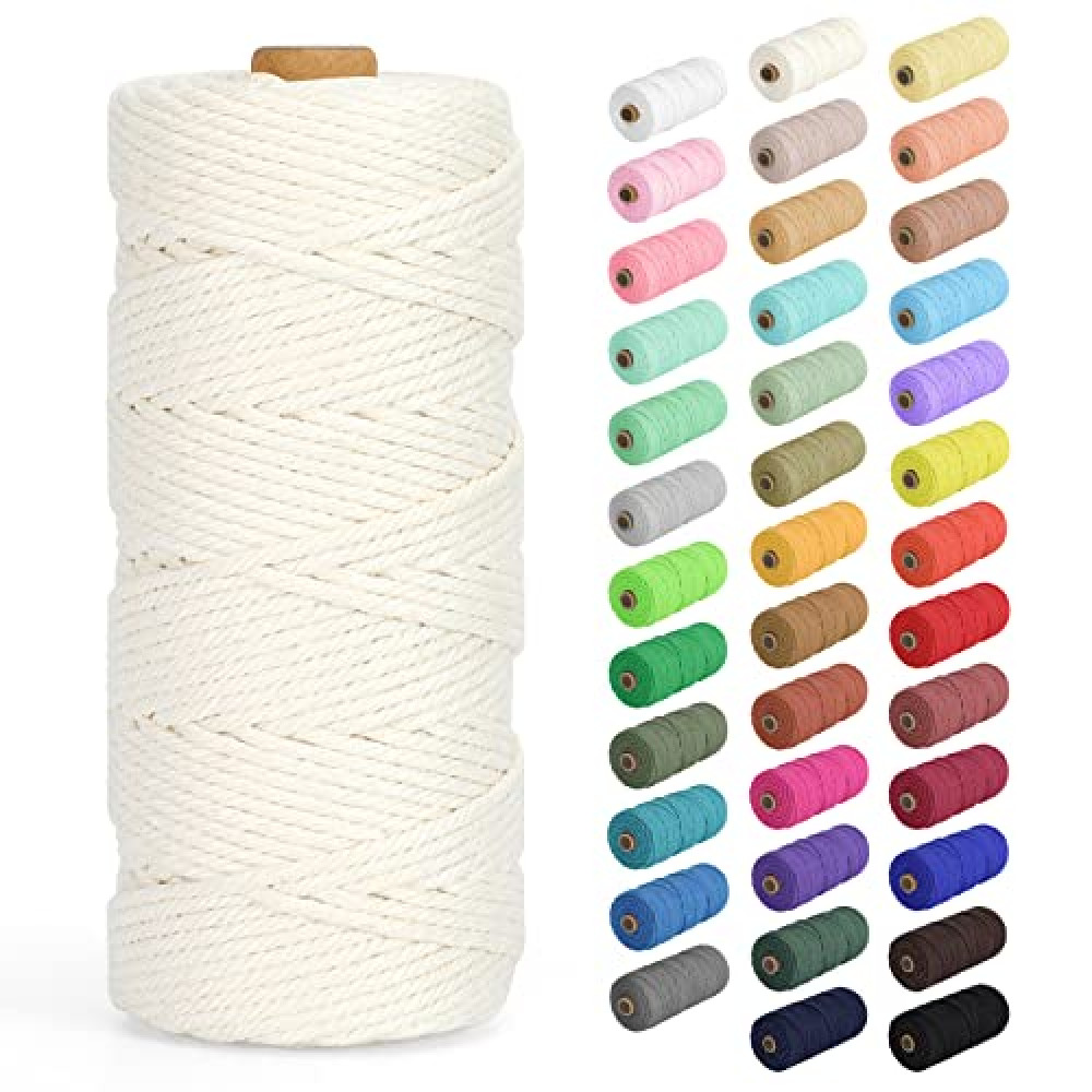 Natural Cotton Macrame Rope - 3mm x 109Yards (328Feet), 4 Strands Twisted Cotton Cord for Wall Hanging, Plant Hangers, Crafts, Gift Wrapping and Wedding Decorations, Beige