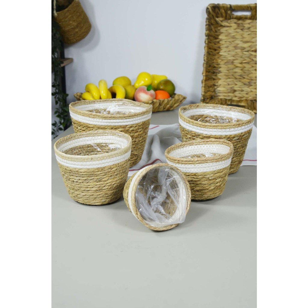 Naturel Hasır Sepet Organizer, Saksı, Mutfak, Banyo 5 Boy Beyaz Şerit - P02-1 Saksı ve Aksesuarları Fiyatı